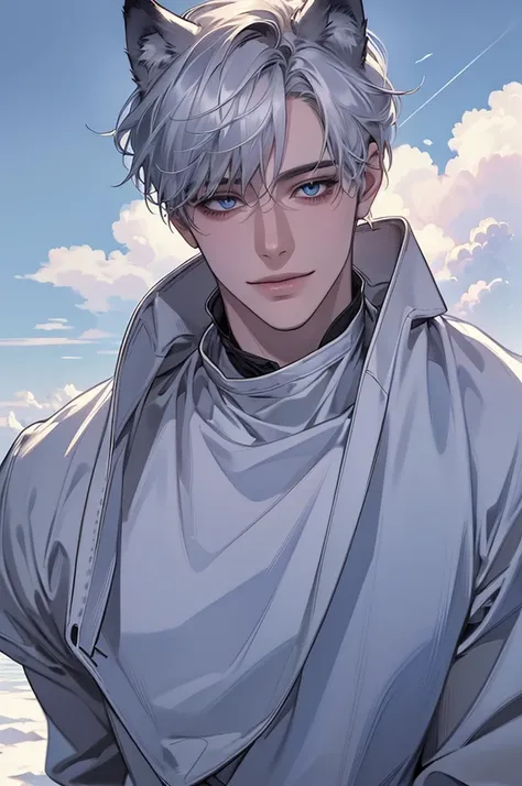 ( realistic:1.37,  best quality , 4K, 8k,  high resolution, masterpiece:1.2)  very detailed , Accurate eyes, young, 1 male,  very handsome,  white skin ,  silver hair,  short hair above the clouds,  blue eyes on Adobe, wolf ears, bust, looking at viewer, m...