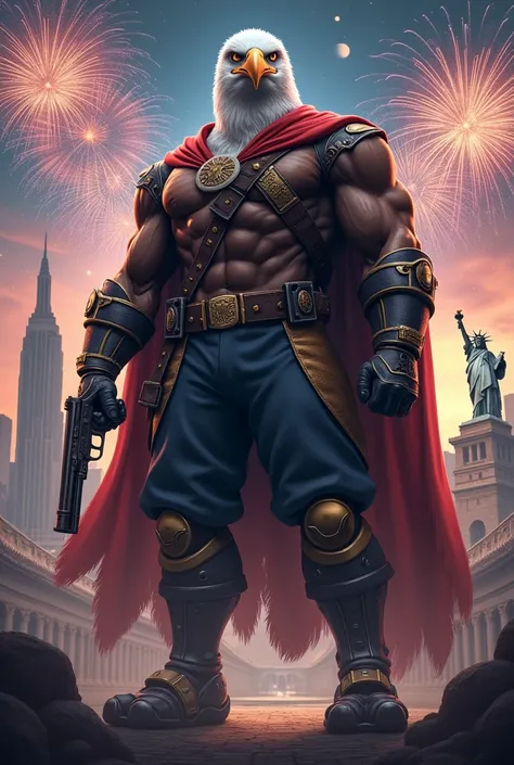 English Prompt:
A towering humanoid bald eagle with a muscular physique, its chest and arms rippling with strength. It wears a blend of modern military attire and elements of the American Revolution, such as a sash and decorative medals. In its right hand,...