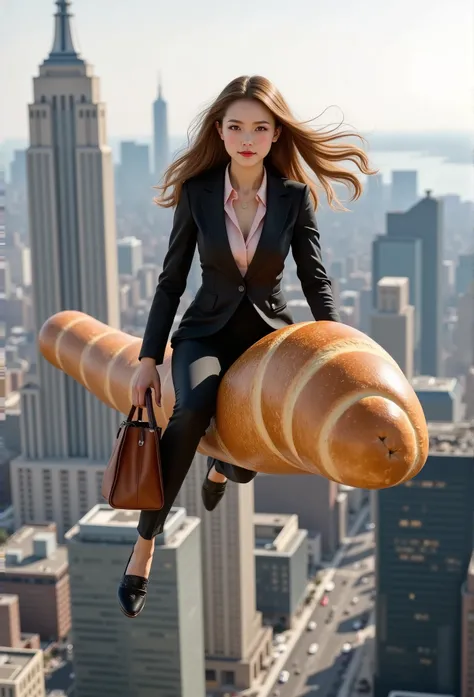 masterpiece, best quality, ultra-detailed, hyper-realistic, A confident business woman, girl,straddle the bread,flies through the citys sky on a sleek, aerodynamic baguette, designed for high-speed commuting. The crust of the baguette glistens in the sunli...