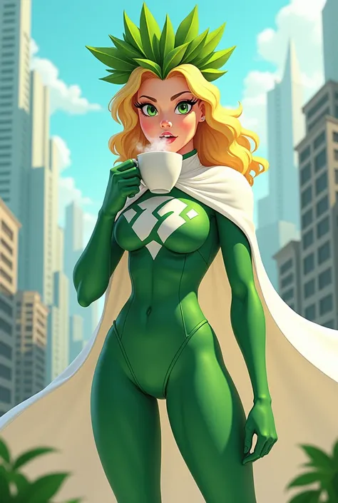  Create an animated female superhero called BioLadiet, with a crown of stevia leaves ,  in a light green suit and white cape , drinking coffee