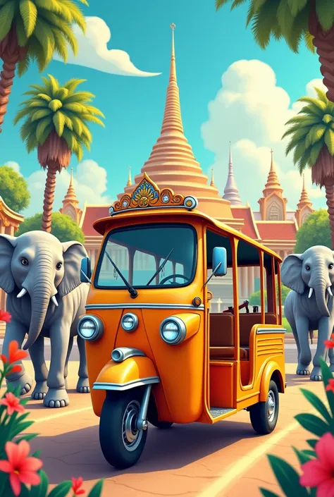 Animated picture of Thailand tuk tuk. Include a few things in the backdrop like Thailand’s map, elephants, history monuments of Thailand etc