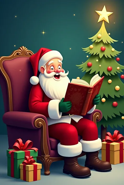 A semi-cartoon illustration , of a Christmas theme. Santa Claus sitting in an elegant armchair, reading a beautifully detailed book with a cheerful expression. Next to him is a Christmas tree with a shining star on top. Present boxes neatly wrapped with sh...