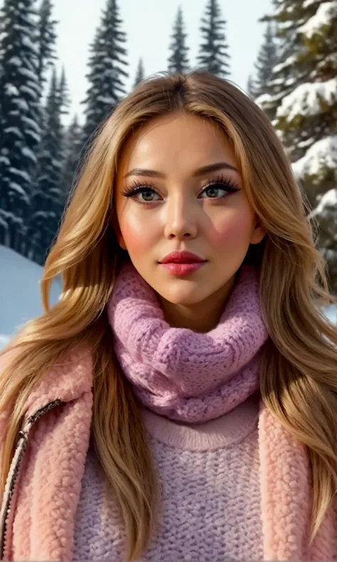 A cute woman, beautiful detailed eyes, beautiful detailed lips, extremely detailed eyes and face, long eyelashes, young woman, sexy thigh high stockings, heavy coat and sweater, toboggin, sports shades, clothing matching pink and violet heart patterns, ski...