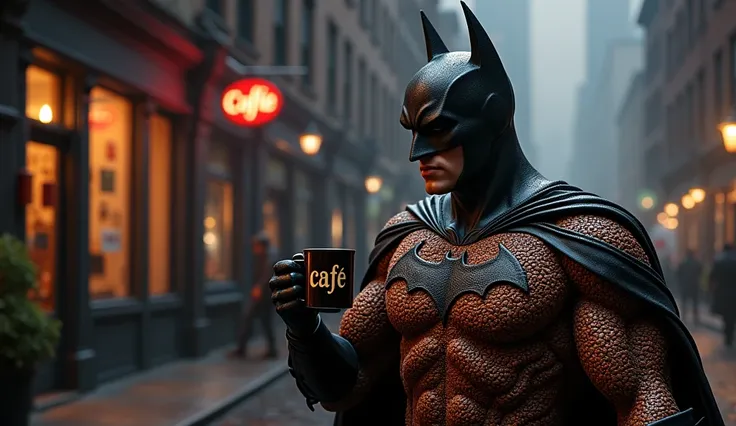  Batman in an imposing pose ,  with his costume and cover composed entirely of coffee beans,  each grain with a unique and detailed texture .  He is holding a coffee mug with the word  "café" written on it, at a 16k resolution.  The texture of the coffee b...