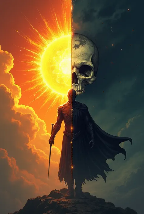 "Create an illustration representing the duality of good and evil, featuring sun guardian on one side in a bright and hopeful environment, and a guardian skull on the opposite side in a dark, gloomy, and sinister setting. The two halves should contrast eac...