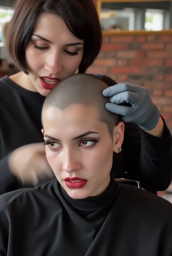 hyper realistic ,ultra detailed ,Very detailed scenes in 4K resolution women ,The 25 year old sat in the barber&#39;s chair with a disappointed expression. (((shaved the middle of her hair))). Top of head Large bald area.  A person who looked like the woma...