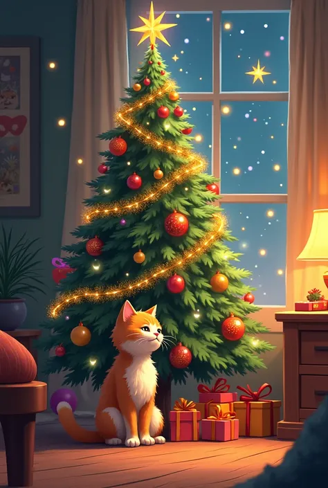 New Year, Christmas tree , cat under the tree, 2025 year