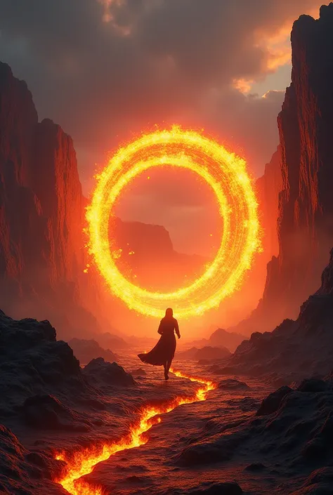 A breathtaking fantasy scene showing a lone figure running toward a massive glowing portal made of spiraling fiery rings, surrounded by a volcanic landscape with molten rivers and jagged cliffs under a cloudy, ominous sky. The path to the portal is cracked...