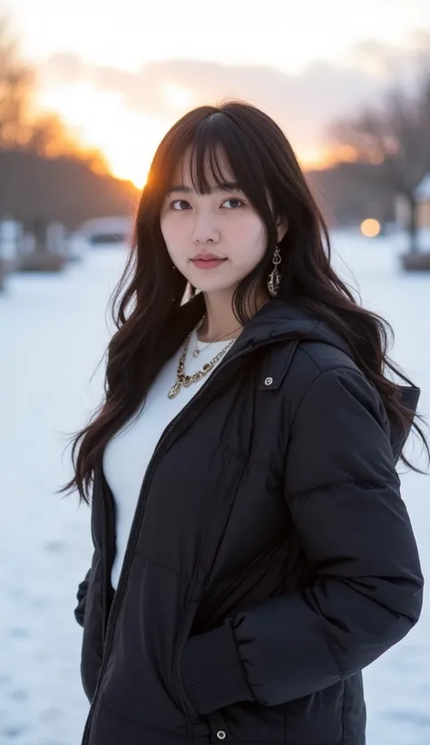 19 years old 、bangss、(((  Fashionable clothes for winter)))、Medium milk, cute  face、(Butt sticking out pose)、(turned around)、sexy hips、 Hokkaido 、Seaside、Asahi、Big necklace、earrings、Photos showing the whole body Its snowing) sunrise long hair,  black hair,...