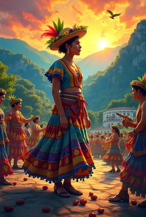 Give me a poster of Colombia that contains its culture,Language, bailes