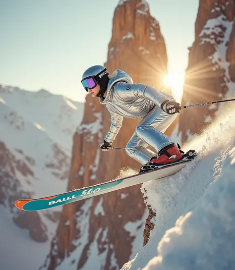 Create the image of a girl and a man in mirrored ski clothes and goggles running on skis jumping off a cliff in front of the bright sun on the horizon ,  as realistic as possible,  As detailed as possible , award-winning work,  cinematic quality