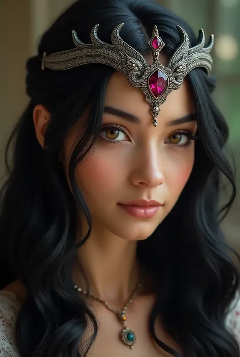 Joanna, 20 years, pele morena,  long black hair ,  honey-colored eye with a small tiara made of slightly dark silver,  shaped like a spiral throughout the structure , Dragons encircling a ruby in the center ,