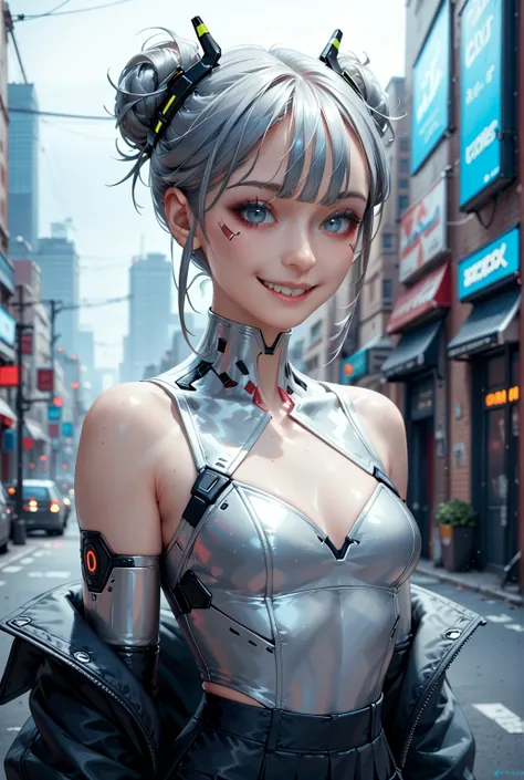  An 18-year-old schoolgirl in cyberpunk style 、 wears a summer sailor suit and a short black pleated skirt over a silver high neck leotard。   wears metallic opera gloves and black tights   。 she wears metallic black thigh high boots     。  has a shiny blac...