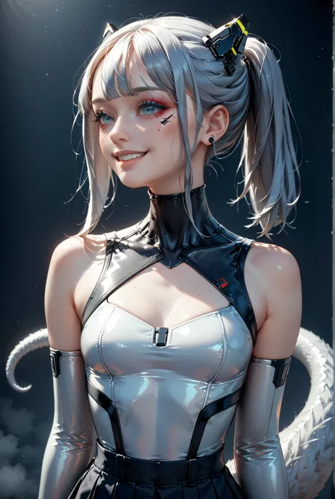  An 18-year-old schoolgirl in cyberpunk style 、 wears a summer sailor suit and a short black pleated skirt over a silver high neck leotard。   wears metallic opera gloves and black tights   。 she wears metallic black thigh high boots     。  has a shiny blac...