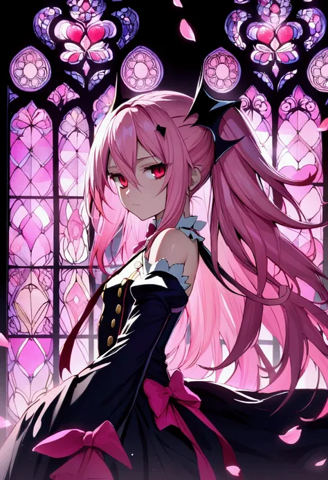 Ultra detailed, Highres, absurdres, HDR, Krul Tepes, pink long hair, expressive red eyes, Owari No Seraph, pink stained glass, pink flowers, petals, extremely beautiful, woman, perfect face, solo, very detailed eyes and face, pink glass, glittering, extrem...