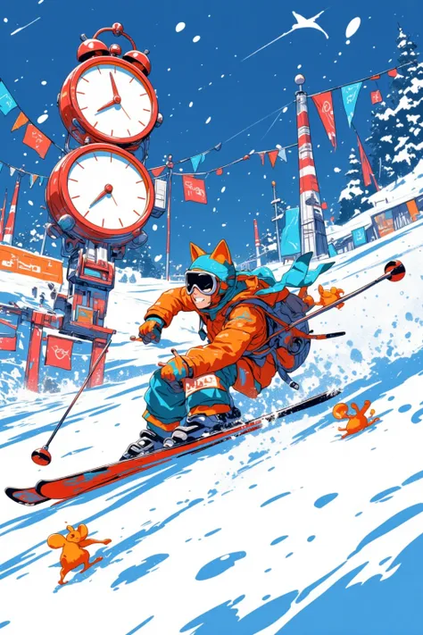  Alpine Skiing 猫娘 ,slalom,cartoon,cartoon,Stuffed Toy Art , Chill Hop,  album art,  Art depicting pop characters  ,  Psychedelic Hip Hop album art ,   promotional art , Downhill, snowman, Snowflakes ,Olympic,clock,Thief Cat Chasing Mouse 