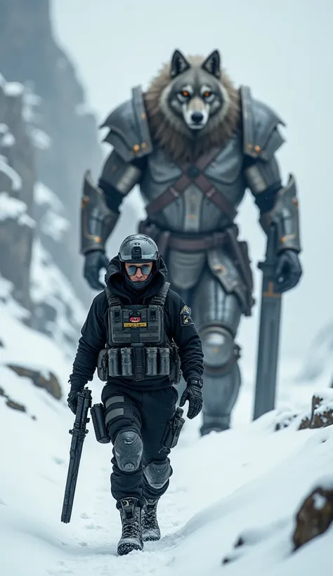 A special operations soldier, dressed in a black and gray uniform with modern tactical details, a helmet with night visor and a vest full of accessories, walks in a snowy and mountainous terrain. Behind him, a giant with the head of a wolf and a muscular b...