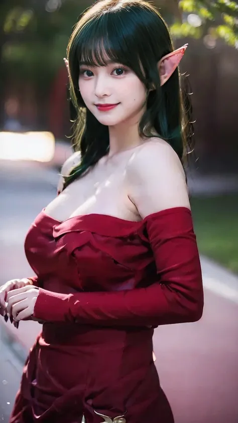  ((masterpiece,best quality,ultra-delicate,Perfect Face,16k,very detailed eyes,high resolution,very beautiful girl,sharpness)),green hair:2.0,Red strapless bodycon tube dress with huge red bow on the back:2.0,Red long arm sleeves,Elf Girl,huge Breasts,blue...