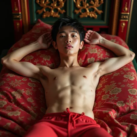 A magazine photoshoot, a 13-years old chinese boy students, must wearing chinese prince unfastened clothes showing of 8 pack abs and chest, lean fit body with 8 pack and low fat rate, colorful photo, open eyes, no facial hair, lying on the chinese palace r...