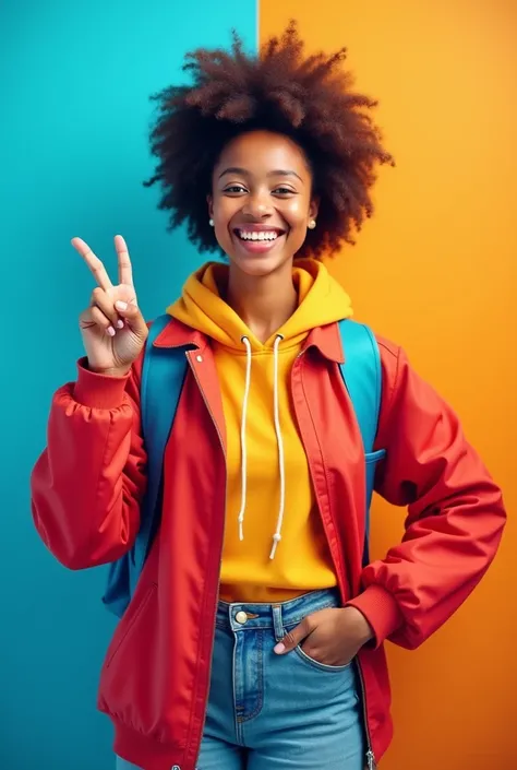  Image of a confident student , sorrindo e apontando para o botão de “follow” no Instagram.  The background should be more vibrant ,  with strong colors like blue and orange ,  to create a sense of motivation and success . Use arrows or icons of  "follow" ...