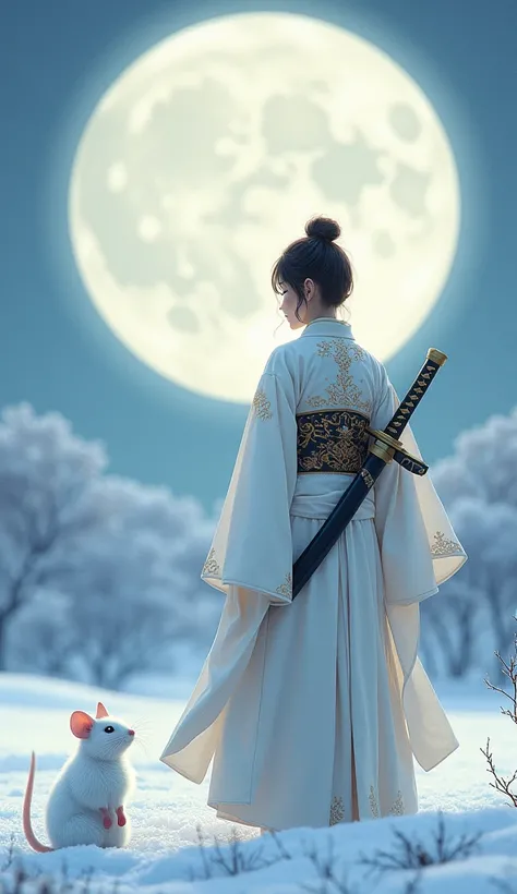  imaginary　night　snow　Big pale shining moon 　White Haori　Gold embroidery　 cute fluffy white mouse　Sword on the back