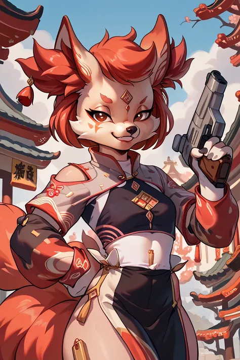 anthro female, vulpine, smile, young female, holding pistol, traditional chinese clothes