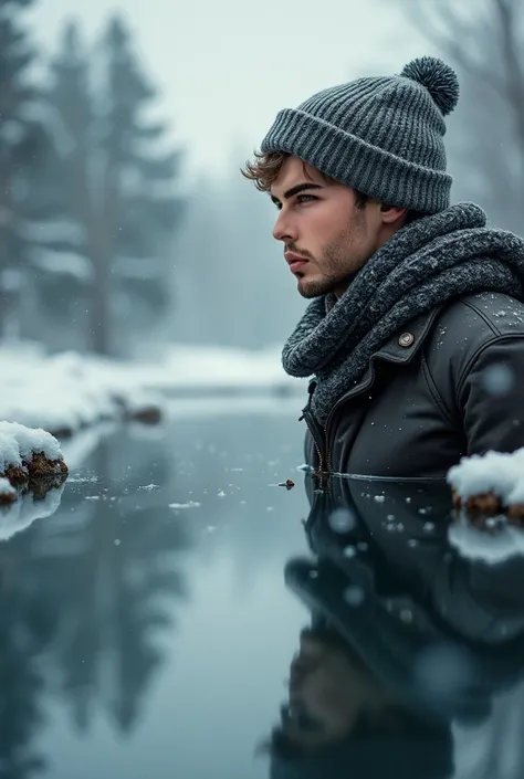 Handsome young man looking at his reflection in the water,  winter clothing  