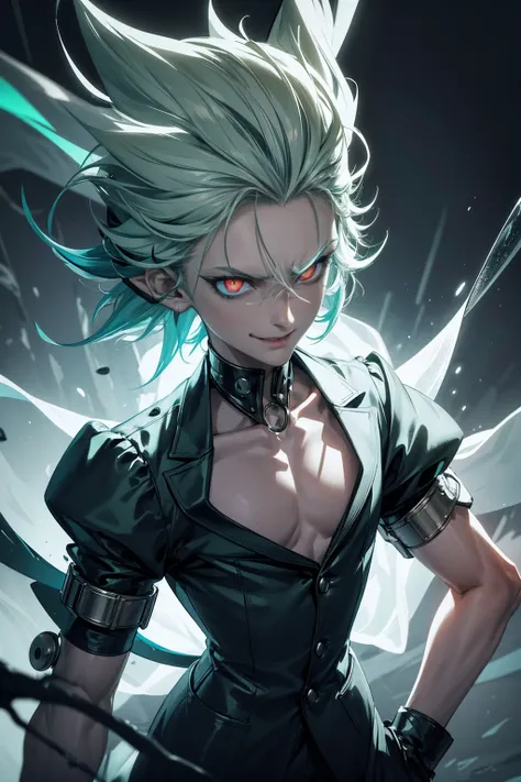 1 man, MALE, mad scientist, solo androgynous male, delicate features, male, beautiful femboy, fully clothed in a mad scientist attire, penis bulge, long light green hair, pale skin, red eyes, button nose, sharp teeth, smiling, seductive expression, in a sc...