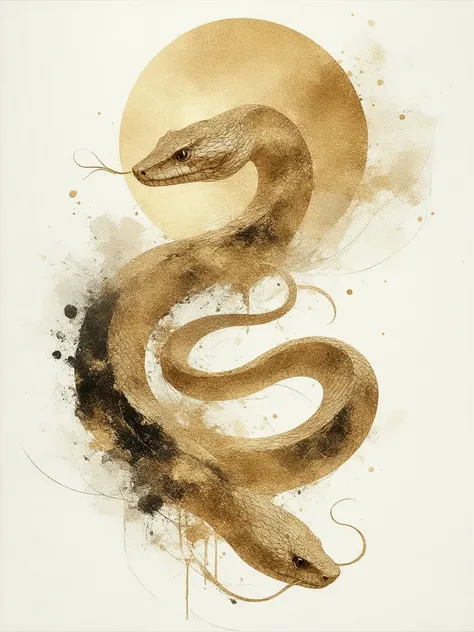 Golden Snake， black background ， abstract art style，Mysterious atmosphere，Elegant curve shape ，Flow， vector graphics， High contrast ， rich in detail ，Central symmetry composition，Soft Light。