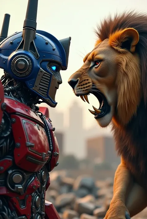 Optimus prime y león, face to face, 3D, fierce,  full body , disaster fund 