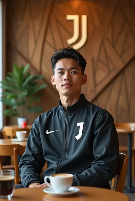 A 20 year old Indonesian man with short hair, wearing a Juventus parachute jacket with the Juventus logo on the left chest, sitting comfortably in a wooden chair with a glass of black coffee in front of him. This backdrop features minimalist wood-themed co...