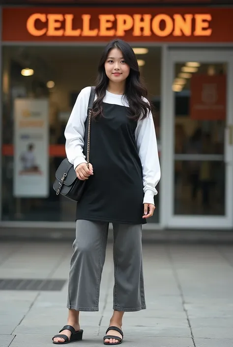 Indonesian woman, 20 years  slightly fat body. Wearing a black short dress, wearing a white long-sleeved shirt, wearing gray long pants. Wearing sandals and carrying a bag. Standing and posing in front of a cellphone shop.