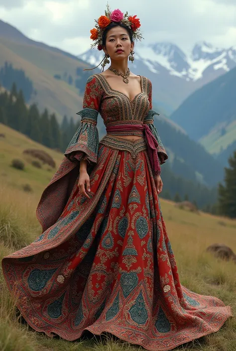  Create a costume inspired by the city of Cajamarca Peru that connects the mountains, landscapes that are elegant and colorful 