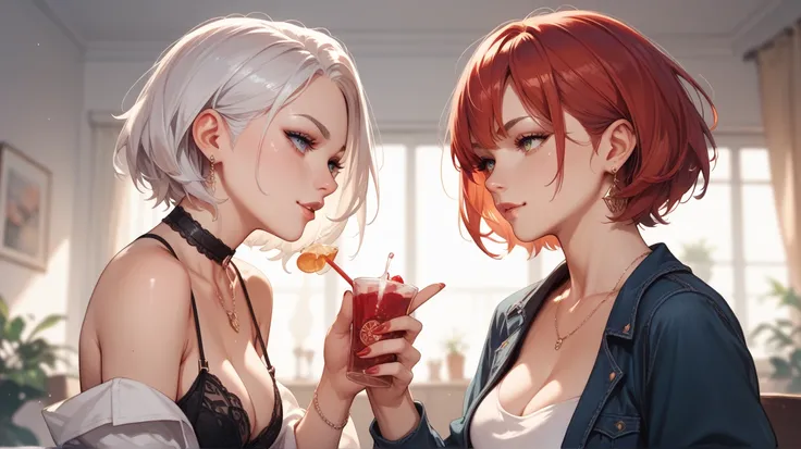 2 women-1 woman with short red hair, 1 woman has long white hair