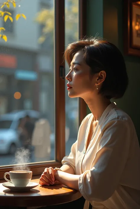  A beautiful Korean woman in her 50s .  Short Mid-length Hair .  A cup of coffee is placed on the table . Im sitting by the coffee shop window. Happiness is the key to success 는 아니다 . Happiness is the key to success  .  If you love what you do,  You will s...