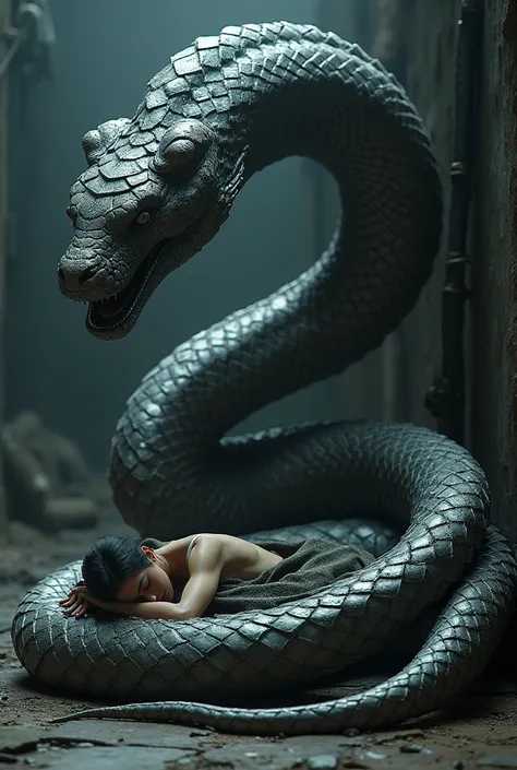 A large metal snake protects a sleeping person 