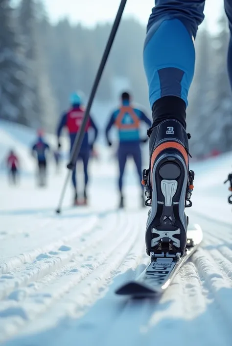 Realistic, theme is "Ski Sprint", cross-country skiing distance competition, close-up shot of ski bindings in the foreground, back view of several athletes moving forward in the background, clear skies, silvery white world, snow-capped coniferous trees on ...