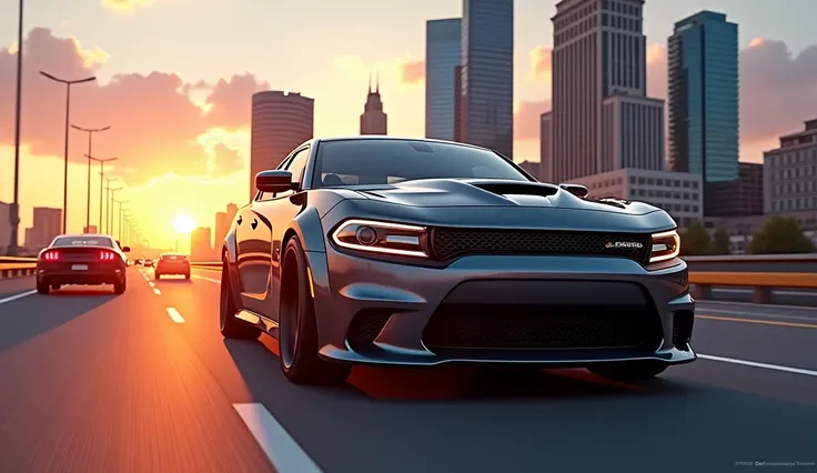 A picture of 2025 Dodge Charger Daytona car standing on the busy highway with traffic in the background. Background is very catchy and beautiful. 