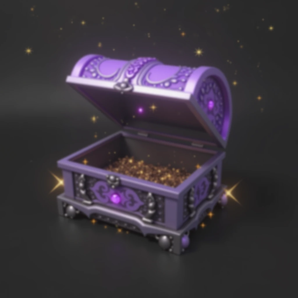 An open treasure chest box with a purple lid in the background of the New Years Day atmosphere，The treasure chest with the lid open radiates an attractive light ， with a golden sparkle of stars ，gorgeous，luxury， surrealism, futurism, 8k, UHD, masterpiece, ...