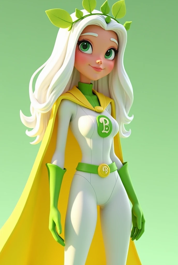 Create animated image of an animated female superhero character , called BioLadiet , slim,  with white hair, with a crown of stevia leaves , In a white suit and a lemon-green cape and a badge with the letter B color green smiling
