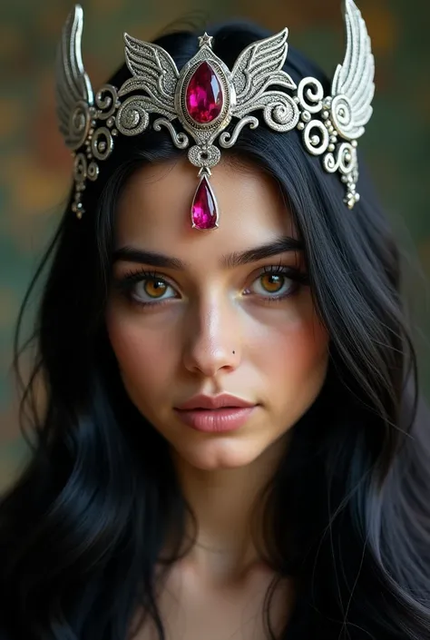 Joanna, 20 years, pele morena,  long black hair , striking honey-colored eye , perched nostrils and fleshy mouth ,  striking face with a small tiara made of silver , shaped like spirals all over the structure , Dragon wings wrapped around a rubellite in th...