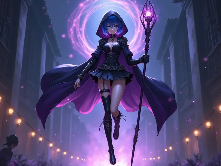 anime, beautiful woman floating ,  beautiful body , Very bright blue eyes, serious face, dark blue short hair , light and sexy black armor with purple and gray details, black miniskirt with gray chain detail,  black hood,  long boots with high heels color ...