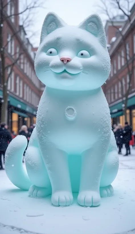   shopping mall square 々It dissolves into、 The huge ice statue of a beautiful cat is melting 、