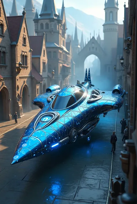 Create Magic the Gathering style, a magical blue chrome Steampunk vehicle with details in a medieval city 