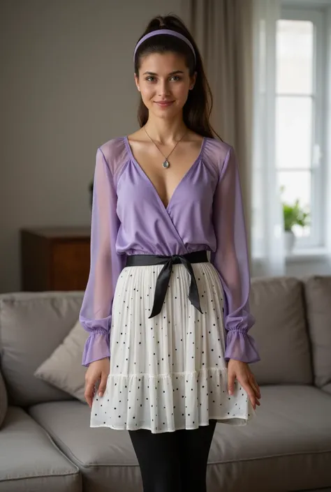 ultra Realistic upper body of a beautiful young brunette German woman with ponytail, headband, Necklace, smile. Beautiful legs and high heels , She stands in the livingroom, She wears a light purple satin top with long transparent tüll sleeves and a tight,...