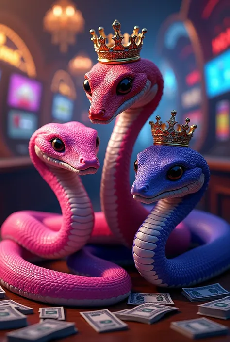 I want a poster with a detailed background that says Snack Queen, that there are two beautiful purple vipers in a casino with a lot of background money and that there are casino games, live slots, sports betting and much more, three boa constrictors like L...