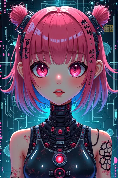  complex image ,  glossy psychedelic , cybord girl beautiful face anime cute punk background surrounded by assorted science network elements,robotics ,  drainage ,   geophysics  ,  wave micro auto matic ICONIC famous  , assorted grid  ,  and lines 