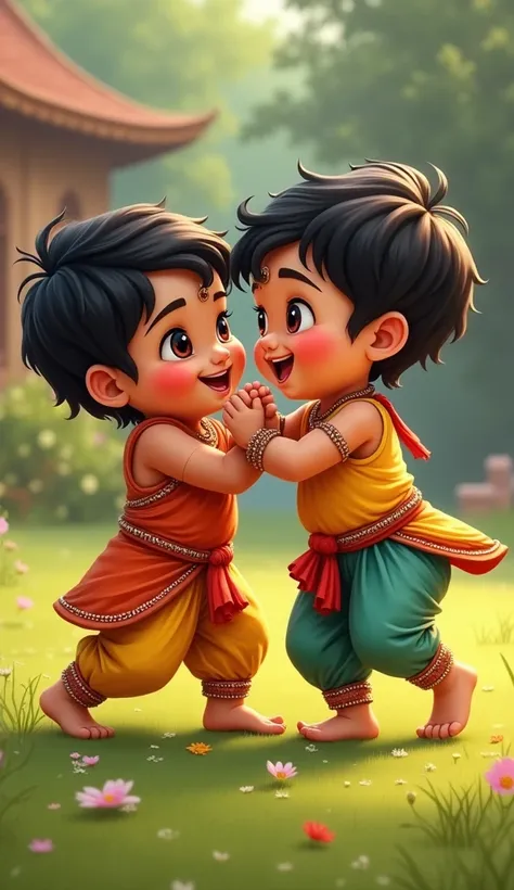 Two Indian cute babies fighting in wrestling