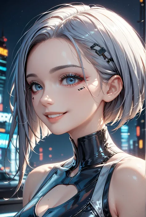    18 year old schoolgirl in cyberpunk style  、   wears a short black pleated skirt over a summer silver high neck leotard。     wears metallic opera gloves and black tights       。   she wears metallic black thigh high boots         。     shiny black twin-...