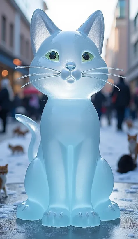   shopping mall square 々It dissolves into、 The huge ice statue of a beautiful cat is melting 、There are a hundred cute real cats around